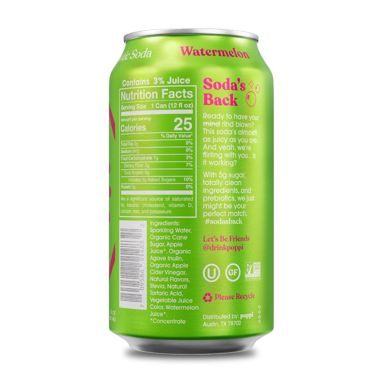 POPPI Sparkling Prebiotic Soda, Bulk 72-Pack, Ginger Lime, Watermelon and Raspberry Rose, Beverages made with Apple Cider Vinegar