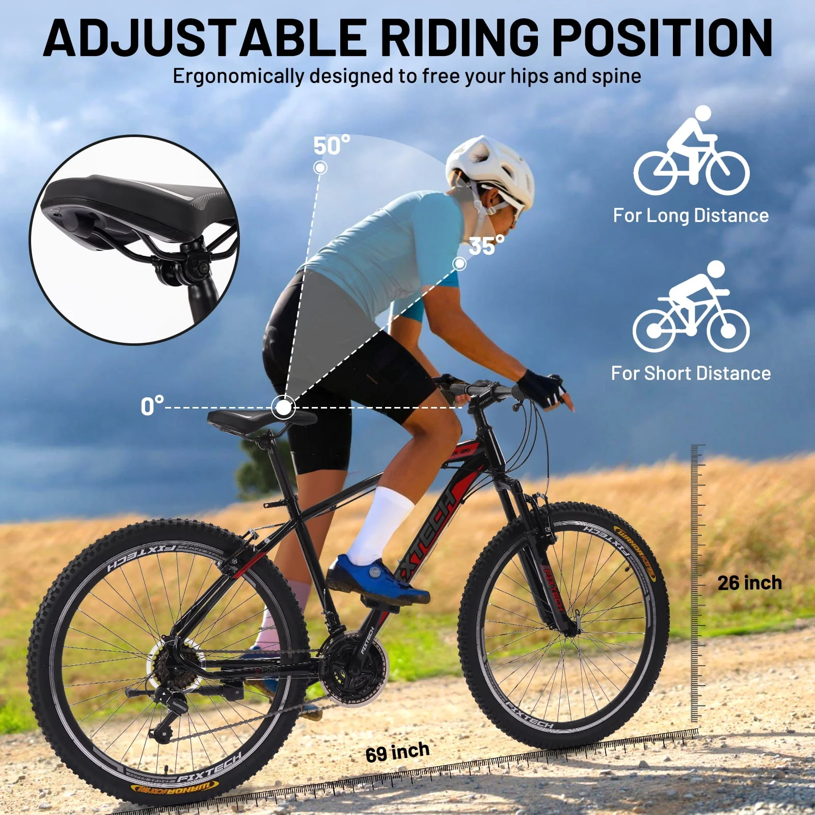 FIXTECH 26'' Mountain Bike, Shimano 21 Speed MTB Bicycle for Adults, Black