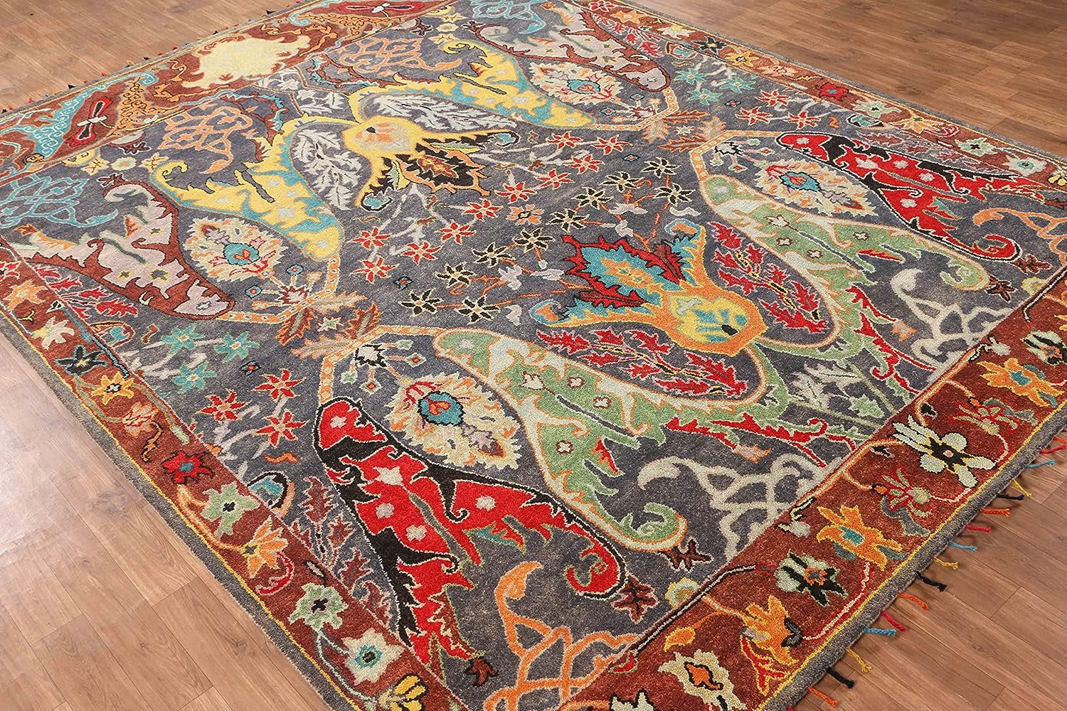 New Morris Ikat Multi Grey Handmade Tufted Parsian Style 100% Woolen Rugs & Carpet