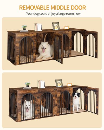 71" Dog Crate Furniture for 2 Dogs, Heavy Duty Indoor Dog Kennel TV Stand, XXL Wooden Dog Cage with Divider for Medium Large Dogs