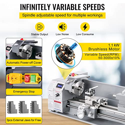 VEVOR Metal Lathe 8.7 x 29.5 Inch/220 x 750MM Mini Metal Lathe 1.1KW Infinitely Variable Speed Mini Lathe Machine LED Screen for Counter Face Turning