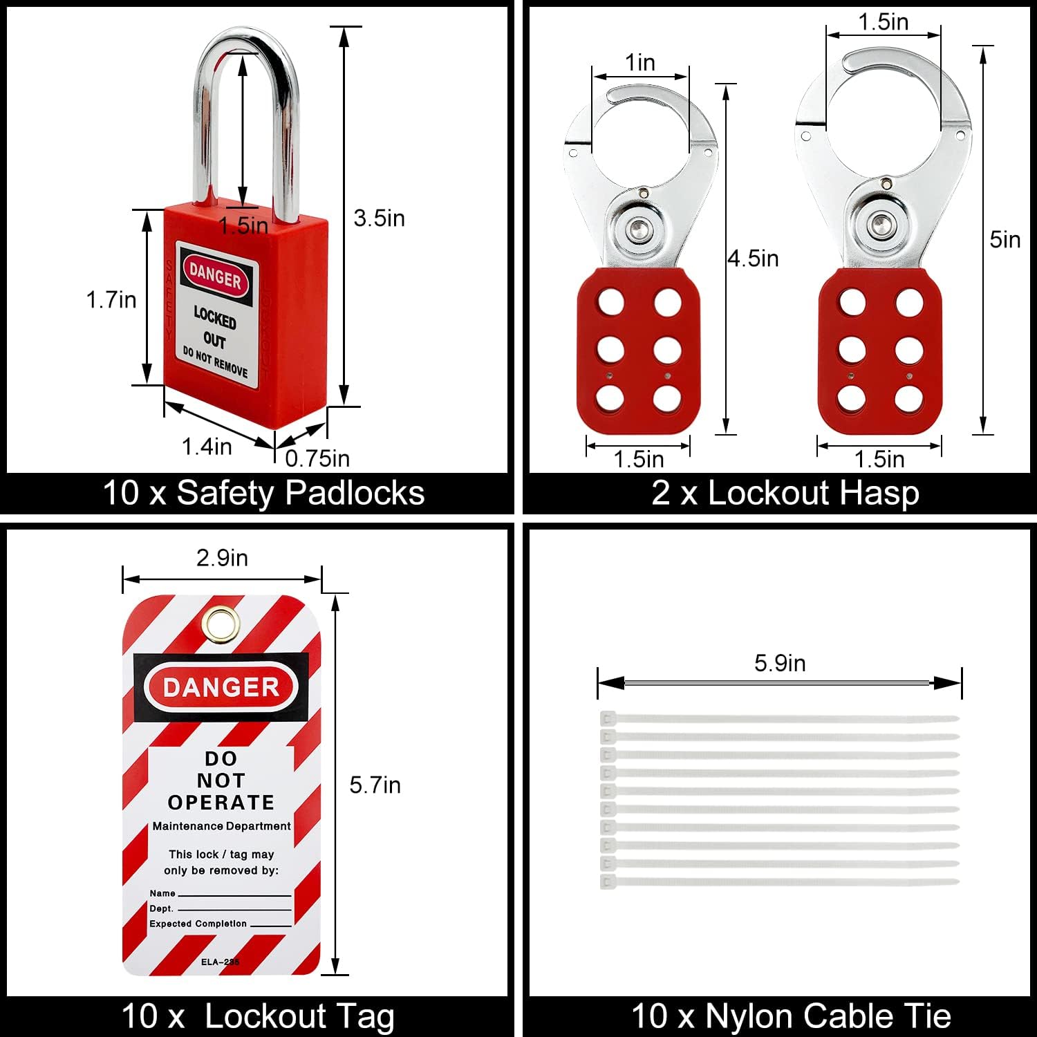 Lockout Tagout Station, Includes 10 Key Different Padlocks with Numbers, 2 Lockout Hasps, 20 Lockout Tags, 20 Nylon Cable Pack of 2