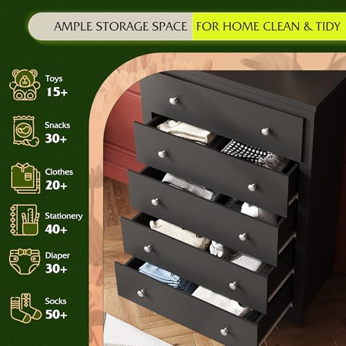 WLIVE Wood Dresser with 5 Drawers, Black Wooden Storage Cabinet, Organizer Drawers for Bedroom, Living Room, Hallway