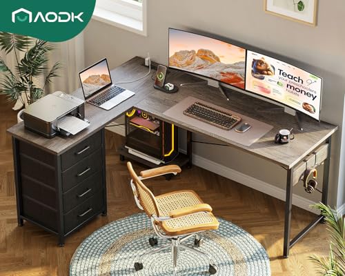 AODK L Shaped Gaming Desk with 4 Drawers, 61" Reversible Home Office Desks with Power Outlets
