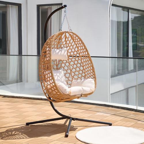 Outdoor Hanging Egg Chair, Patio Wicker Swing Chair with Stand and Cushion, Wider Basket Seating