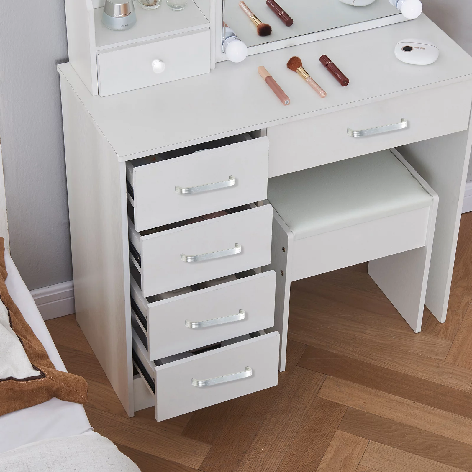 Yamissi Makeup Vanity Dressing Table Set W/ Stool Dresser Desk Mirror W/10 LED Lights for Girls Bedroom, White