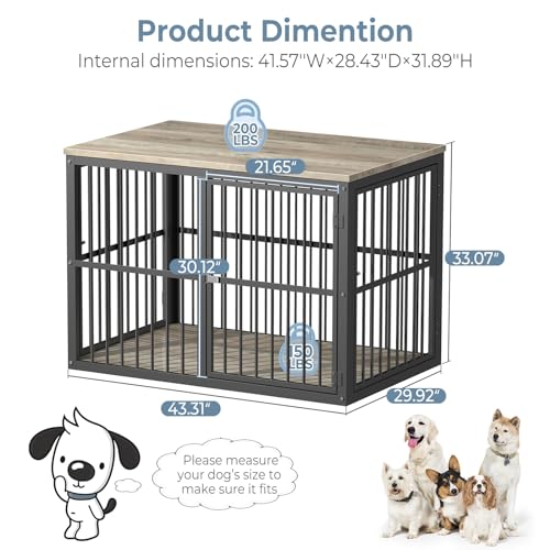 43'' Dog Crate Furniture with 3 Doors, XL Wooden Crate End Table Heavy Duty Indoor Puppy Cage for Medium to Large Dogs, Multiple Units Can be Combined