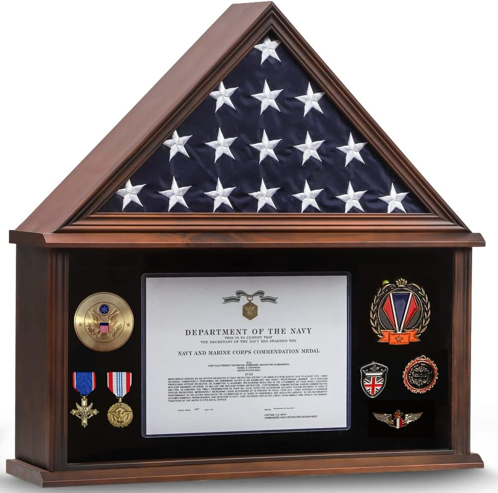 Zmiky Large Burial Flag Display Case American Flag Solid Wood Display Case Fits a 5 X 9.5 Flag Folded Military Shadow Box Flag Display Case with