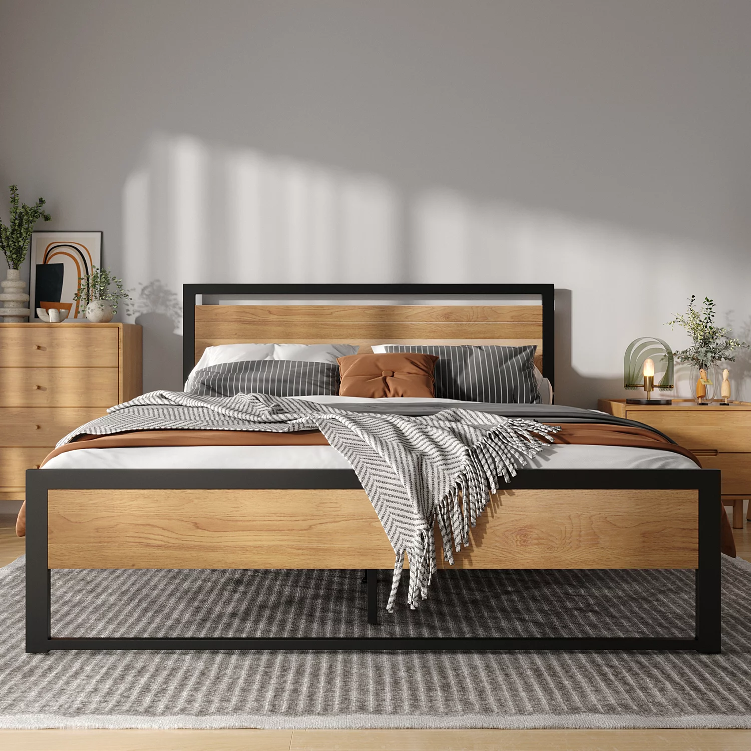 Queen Size Bed Frame Steady Steel Platform with Wood Headboard/Footboard