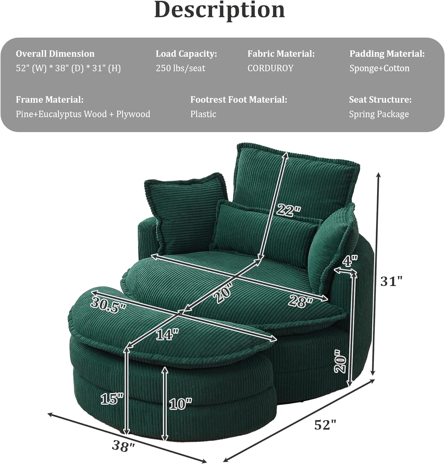 Tabaray Tufted Upholstered Swivel Accent Chair, Corduroy Fabric Single Barrel Chair with Ottoman, Comfy Cloud Chair for Living Room, Bed Room