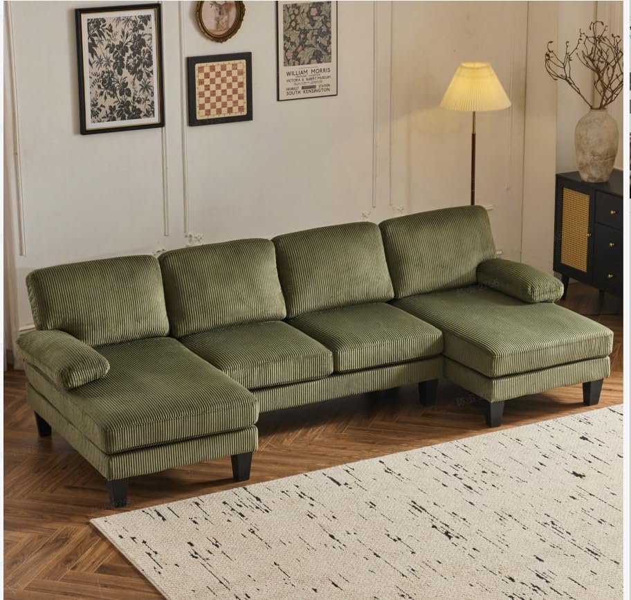 VINGLI 110" Sectional Couches for Living Room,U Shaped Couch with Double Chaise, 4-Seat Sofa Set with Chenille Fabric for Home Furniture,Forest Green