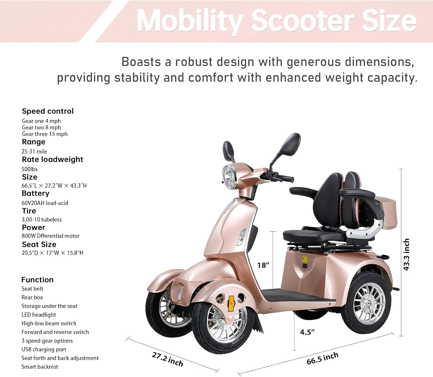 800W Heavy Duty 4 Wheel Mobility Scooters for Seniors & Adults 500lbs Capacity, Powered Mobility Scooters with 3-Speed Control & USB Charger Port