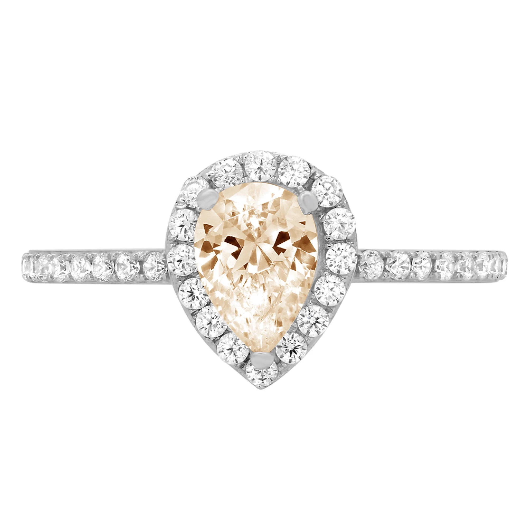 0.8ct Pear Cut Brown Natural Morganite 18k White Gold Engraving Statement Bridal Anniversary Engagement Wedding Halo Ring Size 3.5