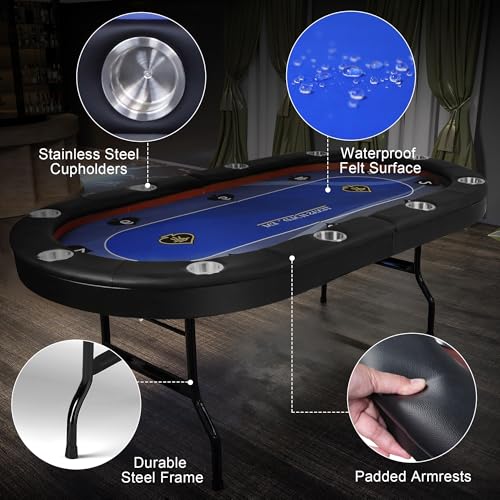 COLOR TREE Foldable Blackjack Poker Table, 84" Premium Texas Hold'em with Cup Holders, Padded Rails, Stylish Blue Design
