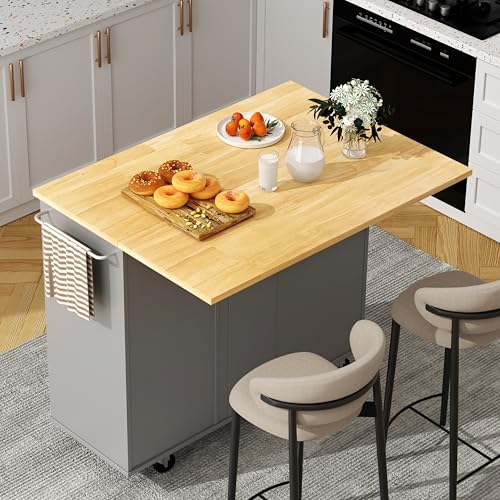 Shintenchi Rolling Kitchen Island Cart with Folding Drop Leaf Breakfast Bar, Portable Trolley Island with Large Storage Cabinet, Shelf and Drawer