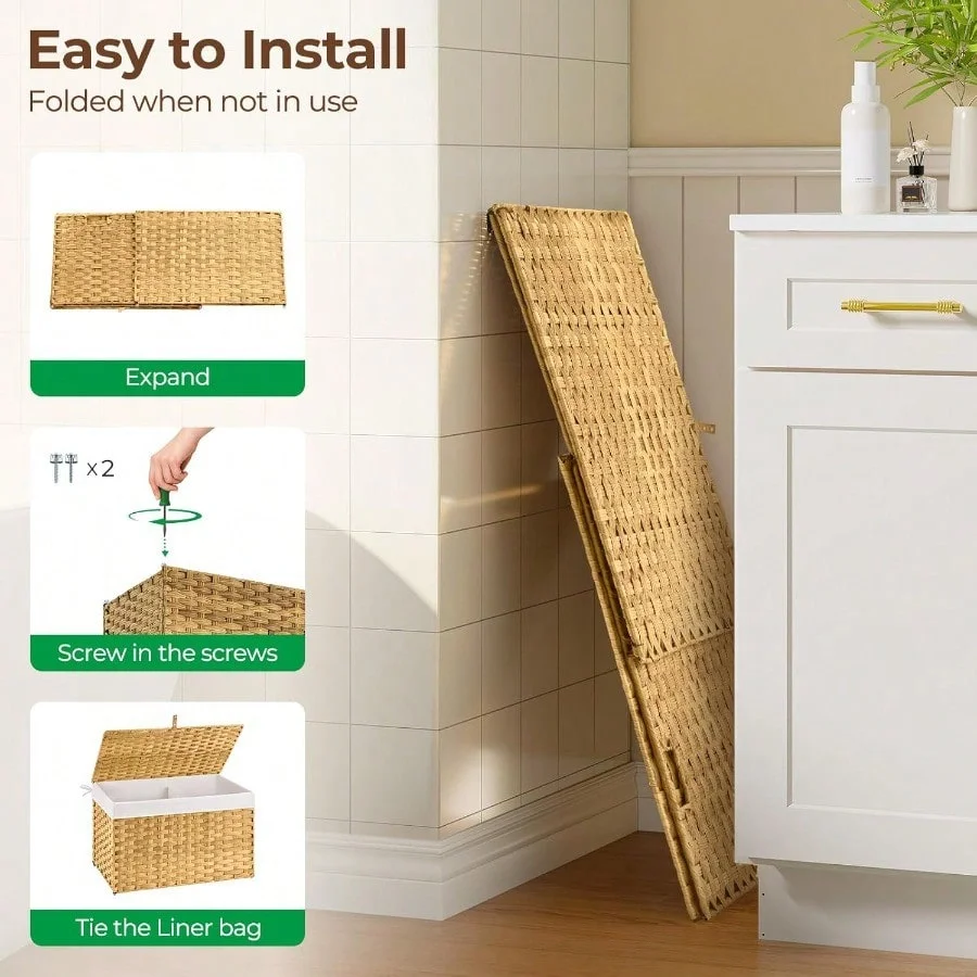 GREENSTELL Storage Basket with Lid 42.3 Gallon 160L Lagre Wicker Blanket Storage Basket with Handles Foldable 2 Removable Liner Bags Metal Frame for