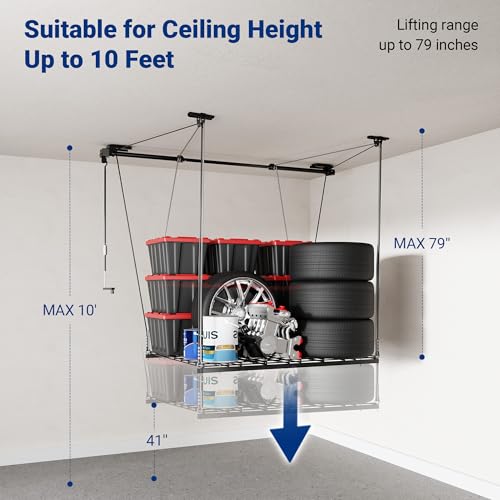 FLEXIMOUNTS GL1 Overhead Garage Lifting Storage Rack, 4x4 Ft Heavy-Duty Metal Garage Ceiling Rack, Adjustable Organization System With 71''