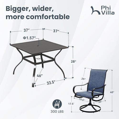 PHI VILLA 5 PCS Outdoor Patio Dining Set with Swivel Dining Chairs (Blue) and 37"x 37" Metal Steel Dining Table(1.57" Umbrella Hole)