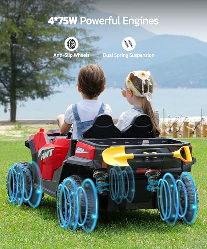ELEMARA 24V Ride on Toy for Big Kid,Ride on Car 2 Seater w/Sun Shade,Dump Bed & Shovel,4.5MPH,4WD Electric Car for Kids,Battery Car w/Remote
