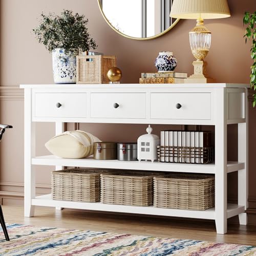 50" Console Hallway Table, Retro Design Entryway Table with 2 Open Shelves and 3 Storage Drawers Solid Wood Sofa Tables Home Furniture for Front Hall