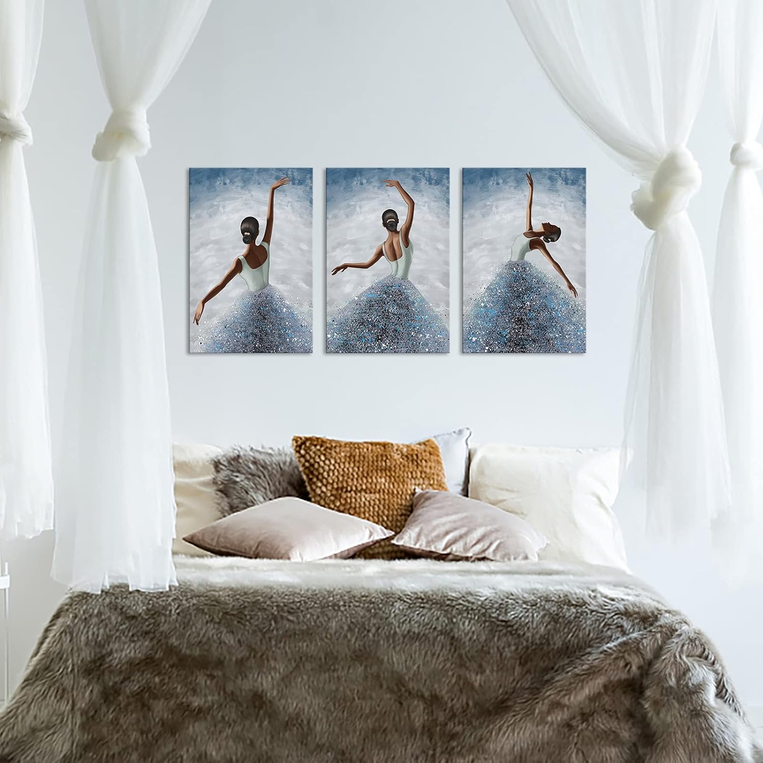 RyounoArt 3 Piece Woman Canvas Wall Art Blue Dancing Ballerina Painting Picture Elegant Girl Prints Artwork for Bedroom Living Room Wall Decor Framed