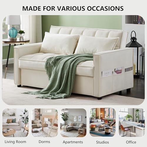 Convertible Sofa Bed, 3 in 1 Velvet Sleeper Loveseat with Pull Out Bed, Adjustable Backrest, 2 Pillows and 2 Foldable Side Table