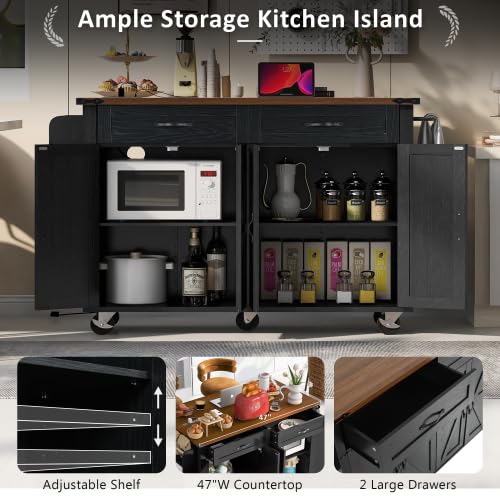 Bellemave Kitchen Island with Storage Cabinet on Wheels, 53.5'' Mobile Kitchen Cart with Power Outlet, Drop Leaf, Spice/Towel Rack and Drawer