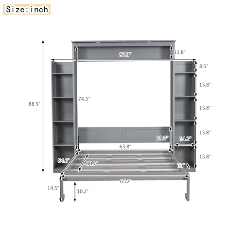 Harper & Bright Designs Queen Size Murphy Bed Wall Bed with Storage Shelves and LED Lights, Space-Saving for Multipurpose Guest Room or Home Office