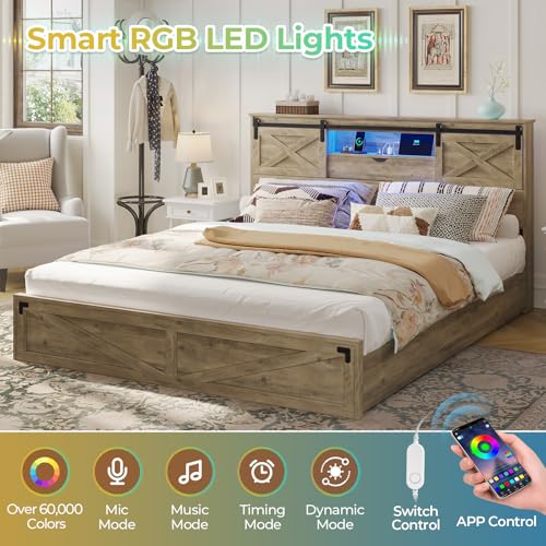 Hasuit Farmhouse Bed Frame California King Size with Storage Bookcase Headboard, Wooden Cal King Bed with LED Lights, Charging Station, 2 Drawers