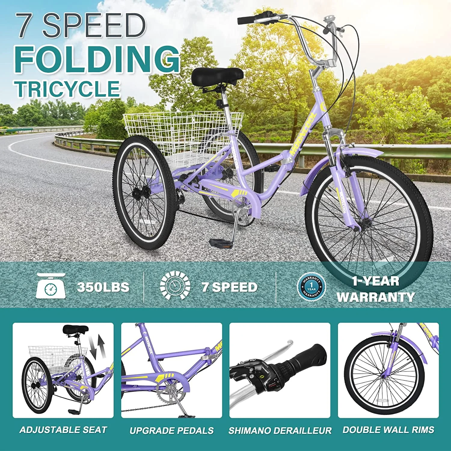 MOONCOOL Adult Folding Tricycle for Adults, 7 Speed 20/24/26 inch 3 Wheels Bikes with Basket, Foldable Tricycle for Adults, Women, Men, Seniors