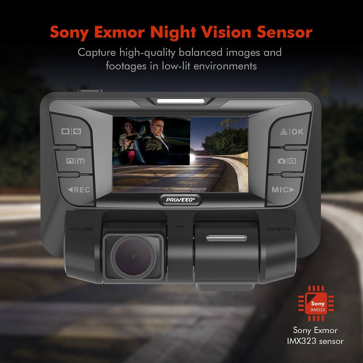 pruveeo C2 Dash Cam with Infrared Night Vision, Dual 1080p Front and