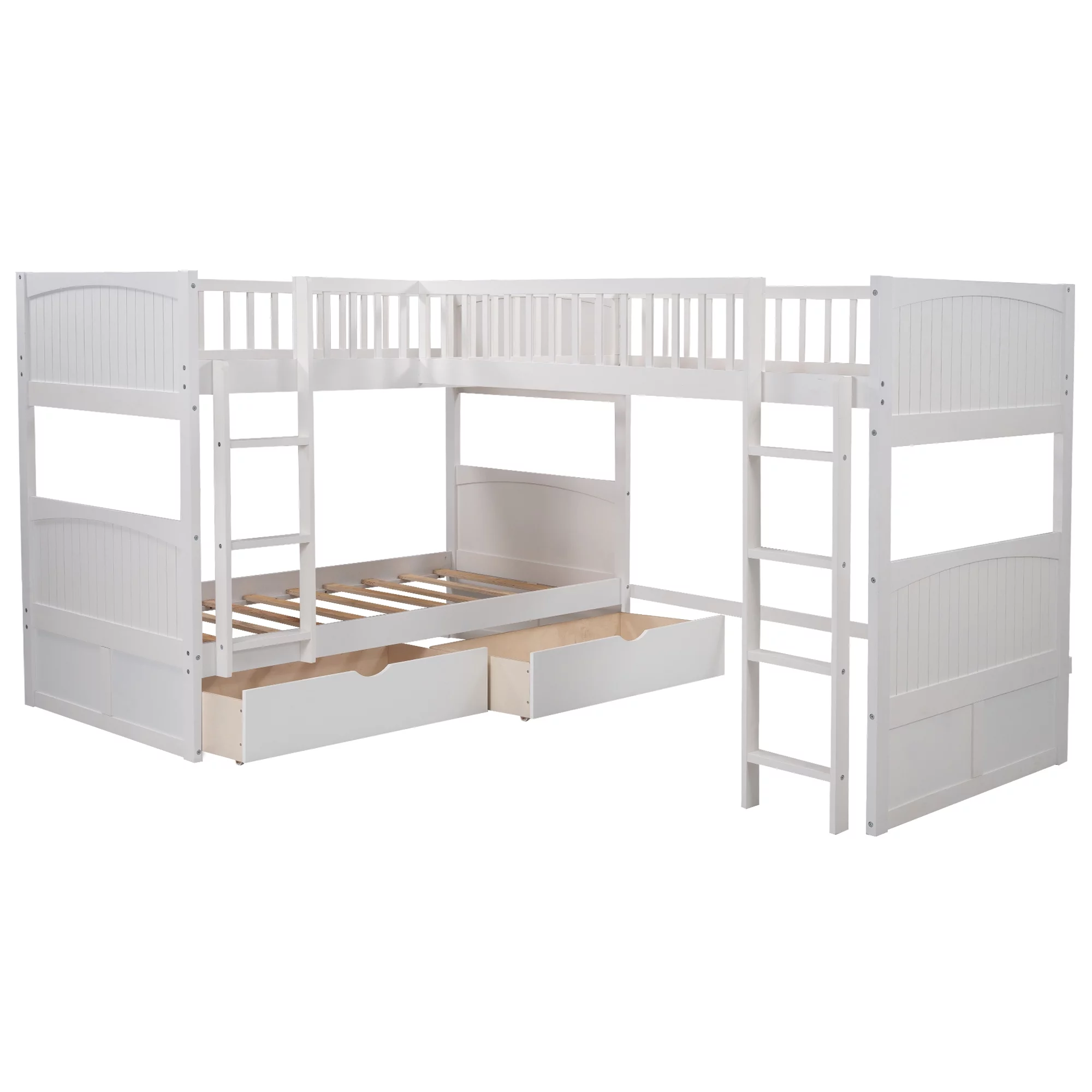 Euroco Twin Size L-Shaped Wood Triple Bunk Bed with Drawers for Kid's Bedroom, White