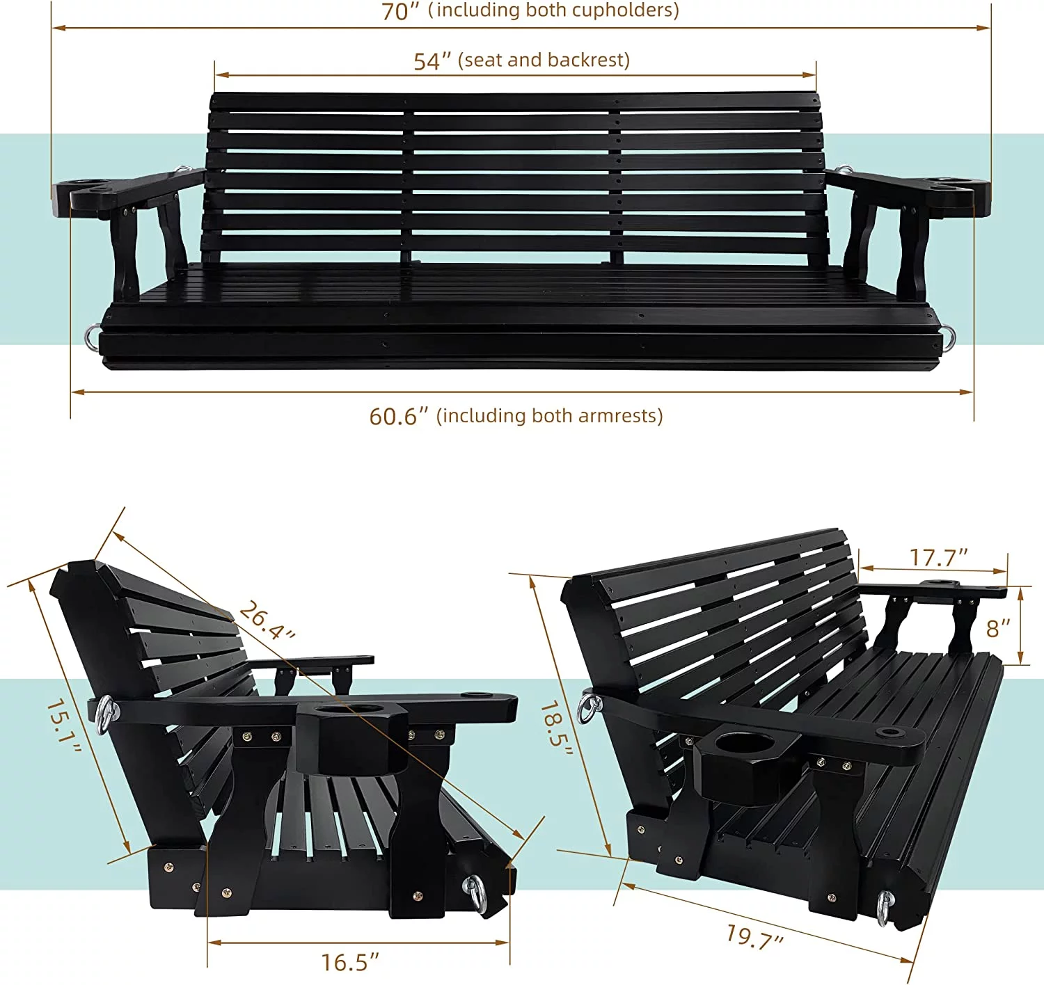 Wooden Porch Swing 3 Seater, 800 lbs Bench Swing for Outdoor Patio Garden Yard, 5 feet Black