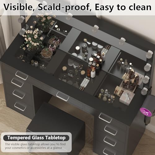 White Vanity Desk Set with Mirror and Lights, 47" Glass Top Vanity with 9 Drawers & Power Outlet