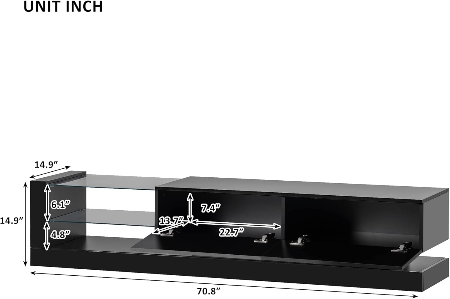 CITYLIGHT High Gloss TV Stand with LED Lights and 2 Media Storage Cabinets, Modern High Gloss Entertainment Center for 75 Inch TV