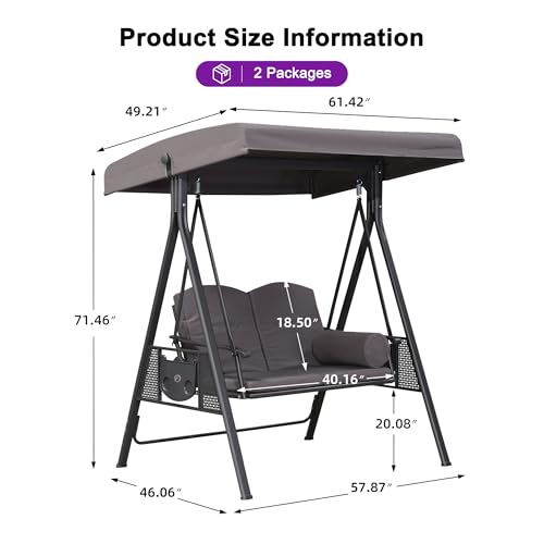 PURPLE LEAF Outdoor Patio Porch Swing with Adjustable PVC Canopy, 3-seat Swing Chair Bench with Side Cup Holder for Backyard Front Porch Lawn