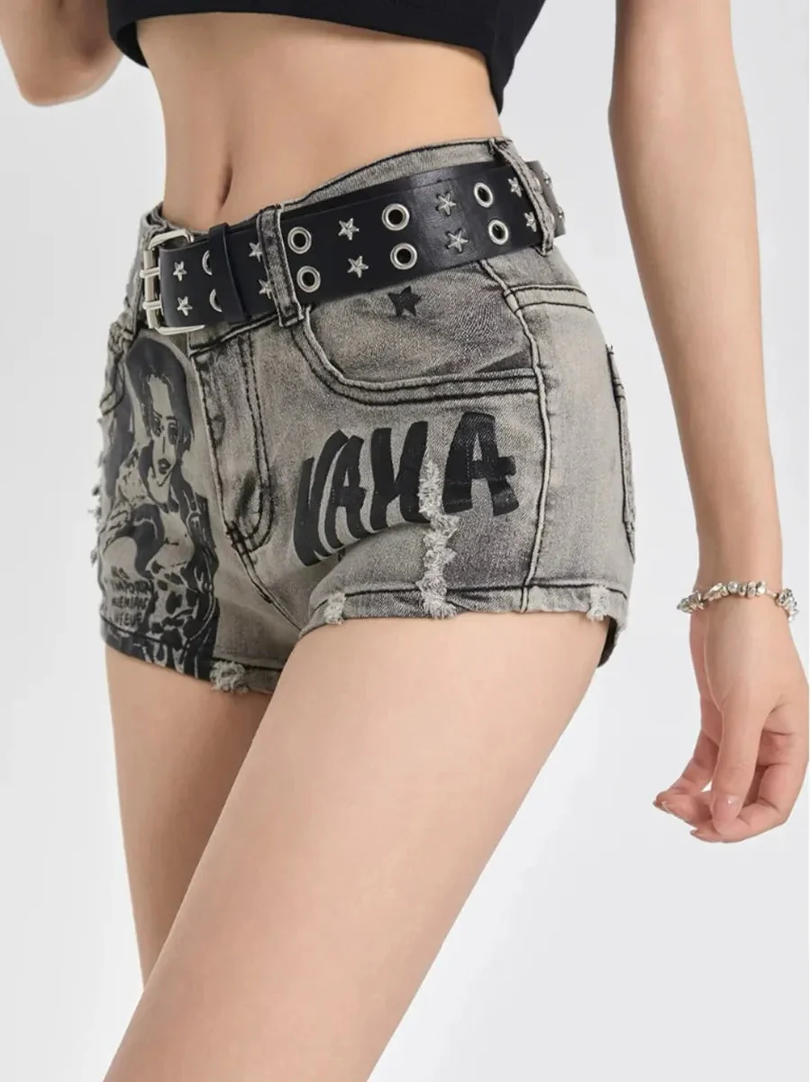 'Rock Girl' Punk Y2k Anime Girl Distressed Denim Shorts