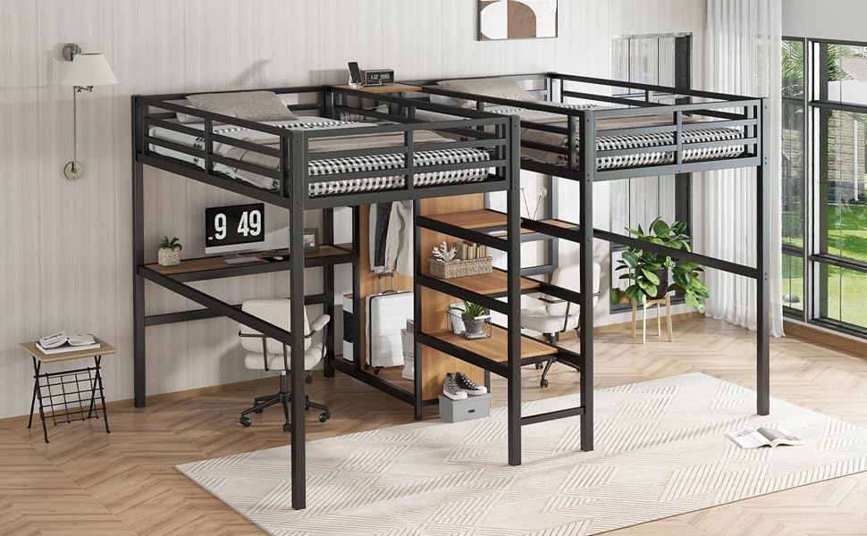 Bellamave Metal Loft Bed with Wardrobe and L-Shaped Desk, Full Size Loft Bed with Storage Cubes and Shelves, Heavy Duty LoftBed for Kids Teens Adults