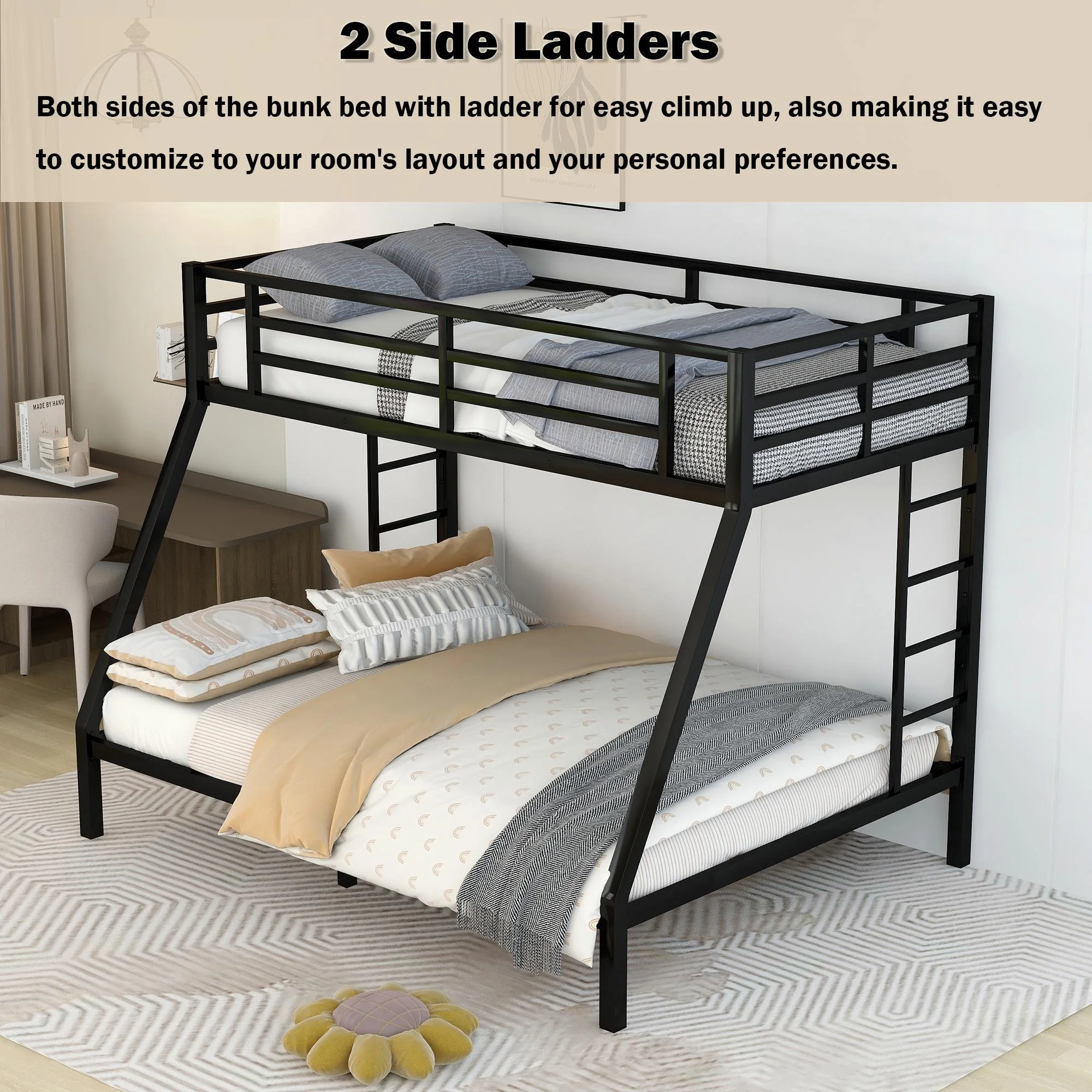 Bellemave Metal Bunk Beds Twin XL over Queen Bunk Bed for Adults, Teens, Kids Heavy Duty Bunk Bed Frame with 2 Ladder and Full-Length Guardrails