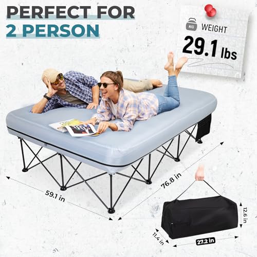 FUNDANGO Queen Camping Cot, 2 Person Folding Airbed Mattress, Double Camp Bed with 2 Cup Holders, Removeable Cover for Adults Outdoor Travel
