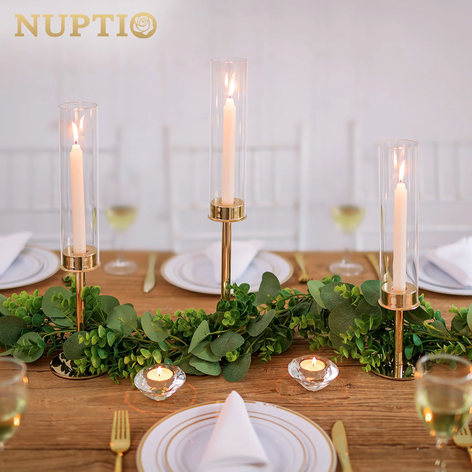 Nuptio Gold Taper Candle Holders with Hurricane Glass Tall Brass Candlestick Holder for Wedding Christmas Table Centerpiece Set of 6