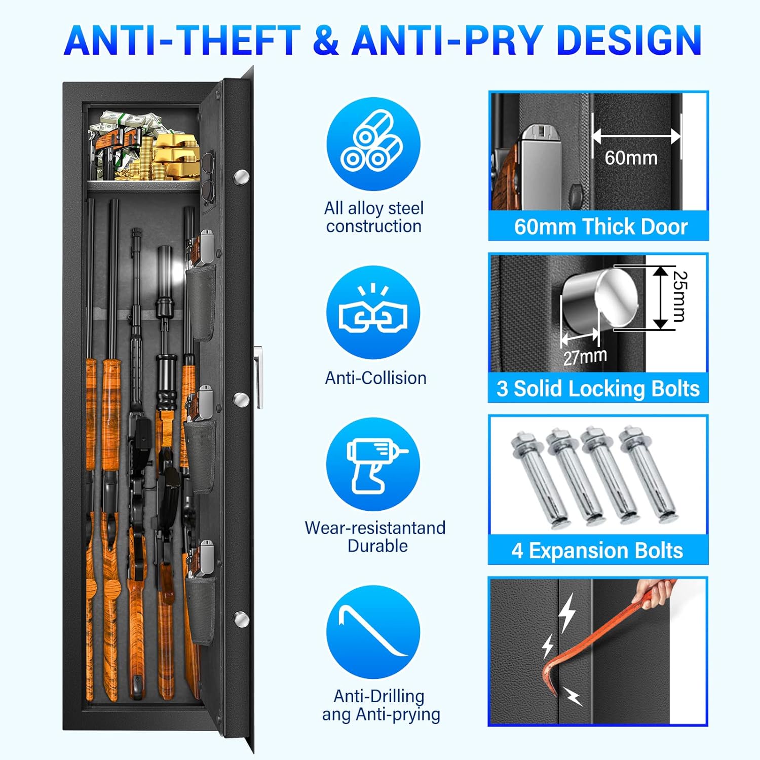 Fireproof Gun Safes for Home Rifle and Pistols, Heavy Duty Anti-Theft Long Gun Safes for Rifles and Shotguns with 3 Pistol Pockets