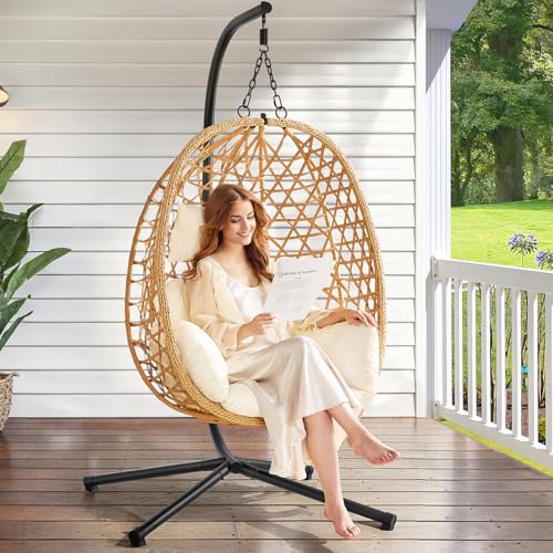 Egg Chair with Stand, Wicker Rattan Swing Hammock Chair with Fine Lace & Cushion, Hanging Chair with Double Chains