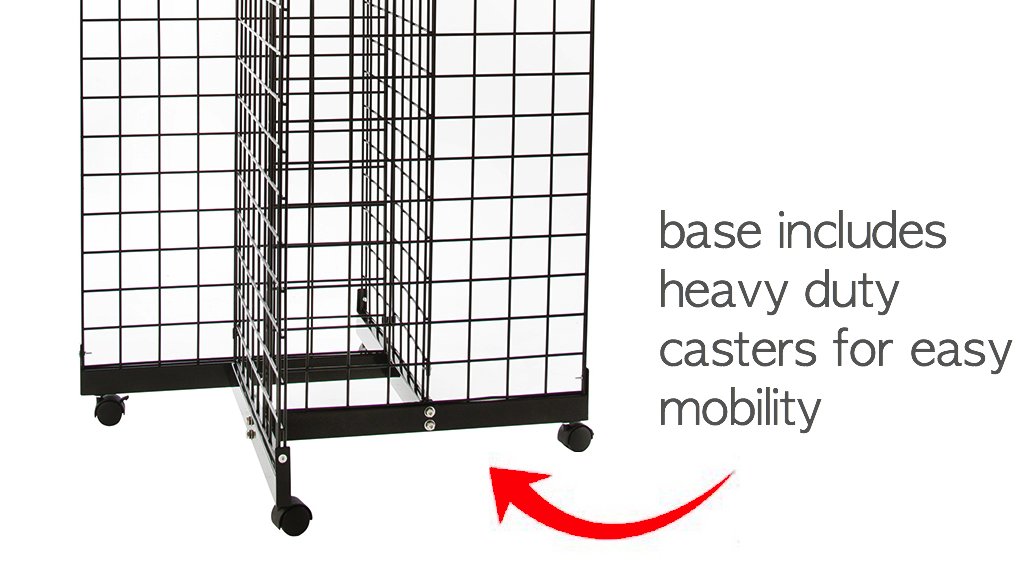 Only Hangers Black 4-Way Wire Grid Tower with Base and Casters - 2' x 6' Wire Grid Panel 4-Sided Rolling Display Rack