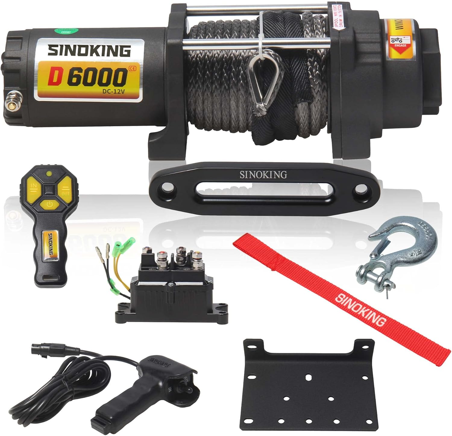 SINOKING 6000lb 12V Winch, UTV&ATV Winch with 1/4"× 49ft Synthetic Rope, Wired and Wireless Remote Control with Mounting Plate