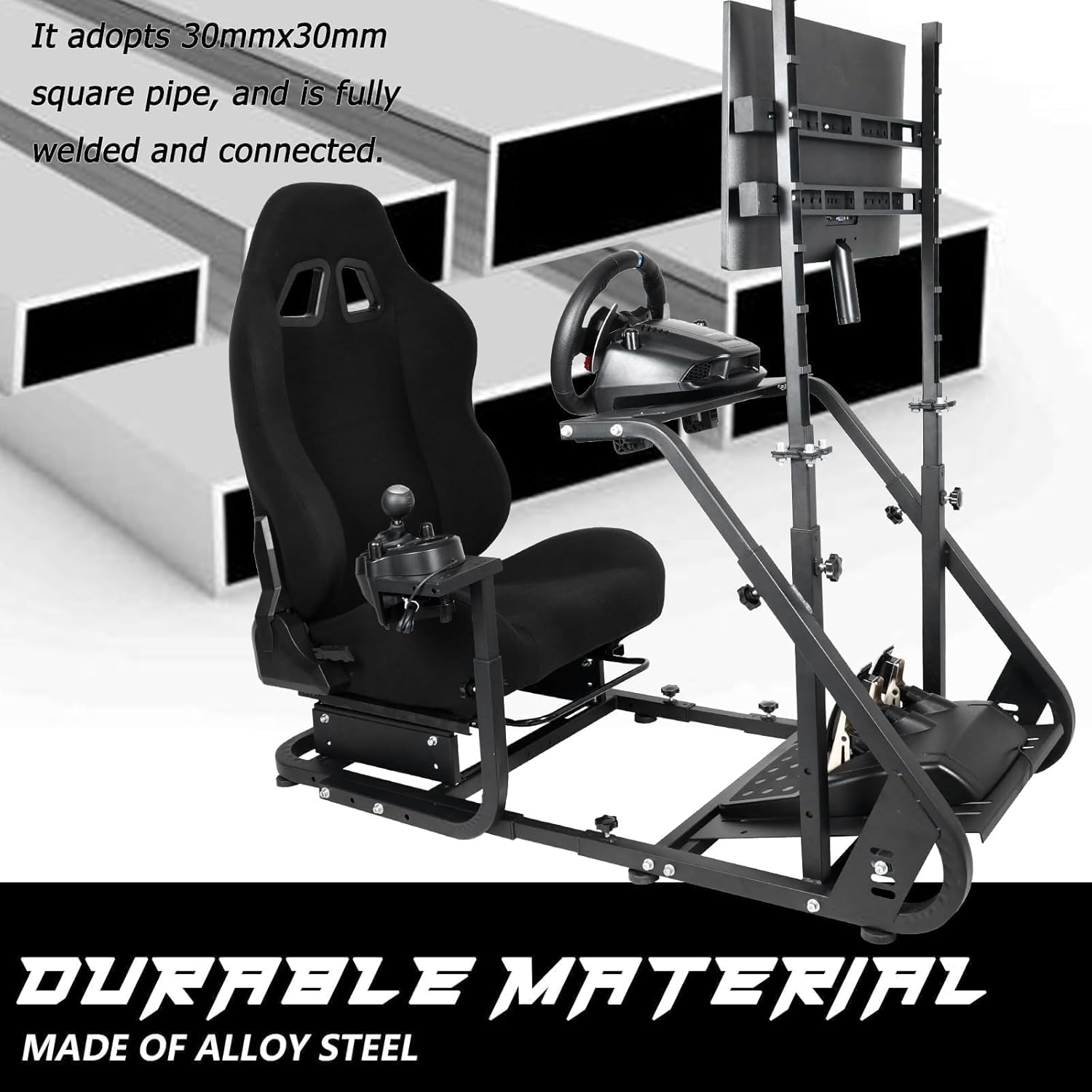 Anman G25 Pro TV VR Sim Racing Simulator Cockpit Black Seat with Visualizer Monitor Stand Fit for Logitech/Thrustmaster/Fanatec G25 G27 G29 G920 G923