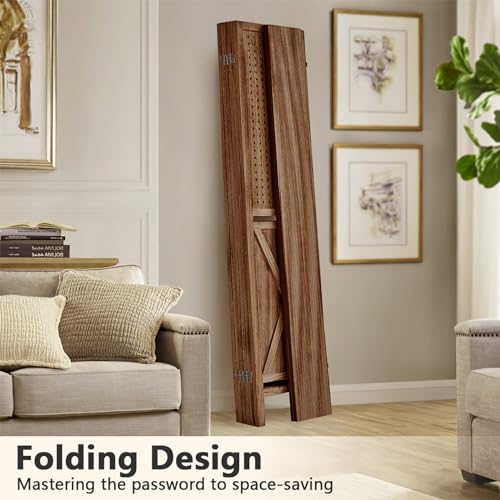 4 Panel Pegboard Display with 16 Hooks, Wooden Pegboard Room Divider Wall with Shelf, Rustic Room Dividers and Folding Privacy Screens, Bedroom