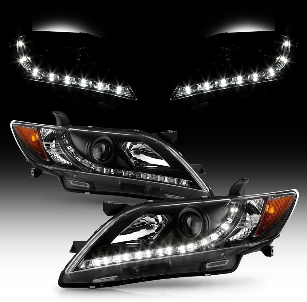 ACANII - For 2007-2009 Toyota Camry LED DRL Running Black Housing Projector Headlights Headlamps, Driver & Passenger