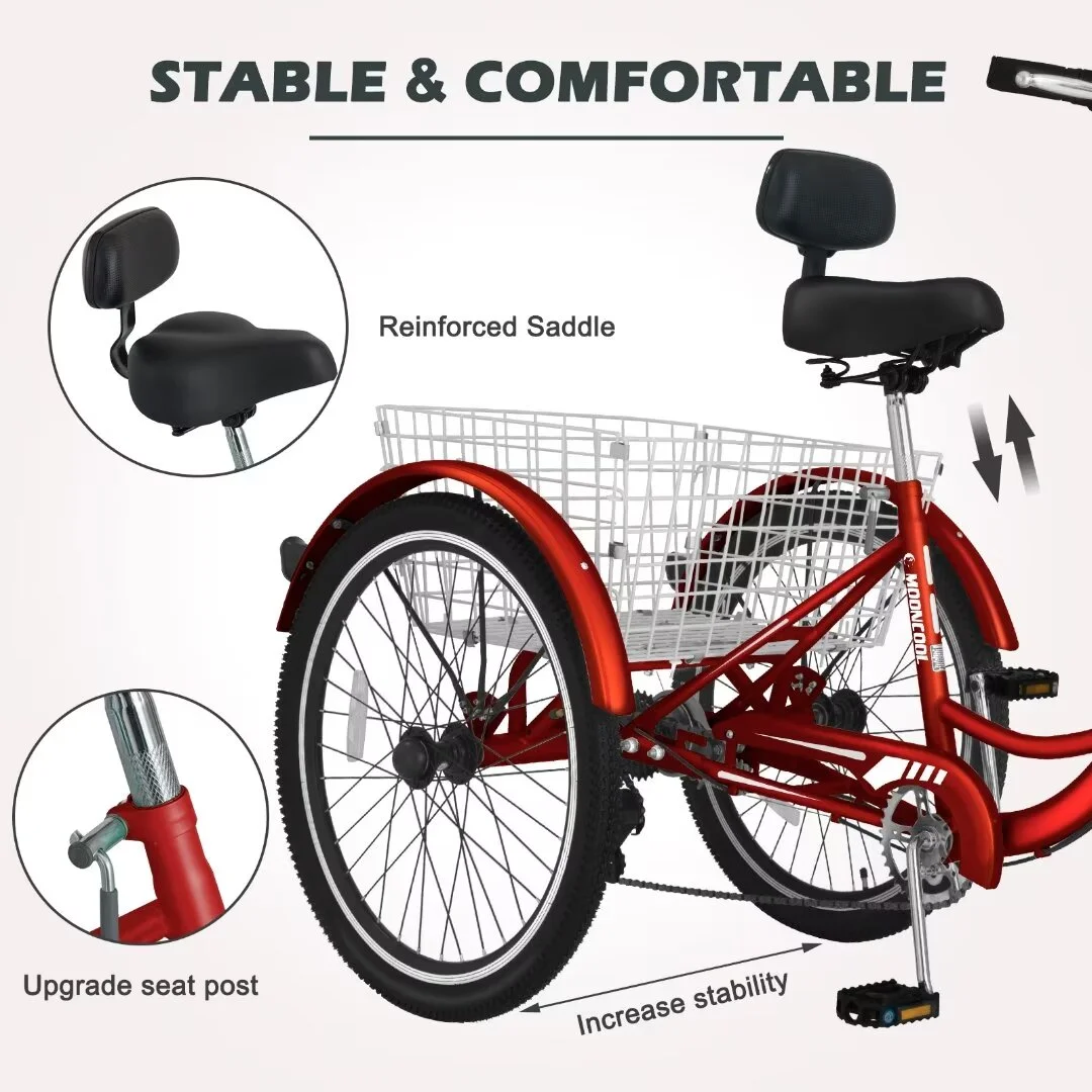 Docred Adult Tricycle 7 Speed 24 Inch Three Wheel Bike Cruiser Trike for Men/Women/Seniors