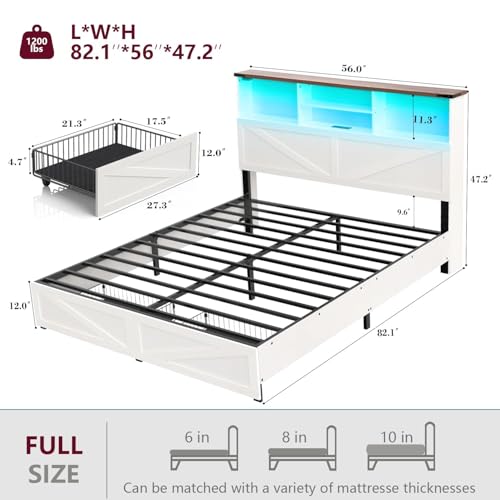 Full Size Bed Frame with Bookshelf, Bookcase High Headboard with Charging Station and LED Light, Farmhouse Bed with Storage Drawers